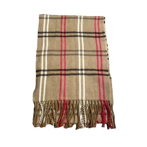 Cejon Knit Rectangle Plaid Wrap Scarf Womens Tan Fringe Neck Warmer Italy Made - Picture 1 of 4
